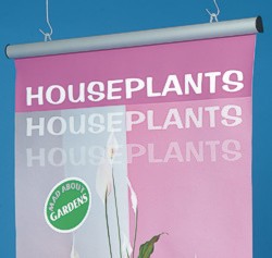 Banner produced in-store and suspended using Poster Snaps - a fully re-usable poster display system